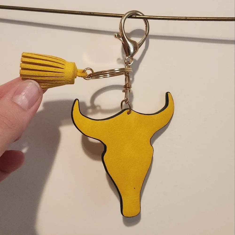 5” Yellow Faux Leather Floral Print Cow Bull Head Keychain